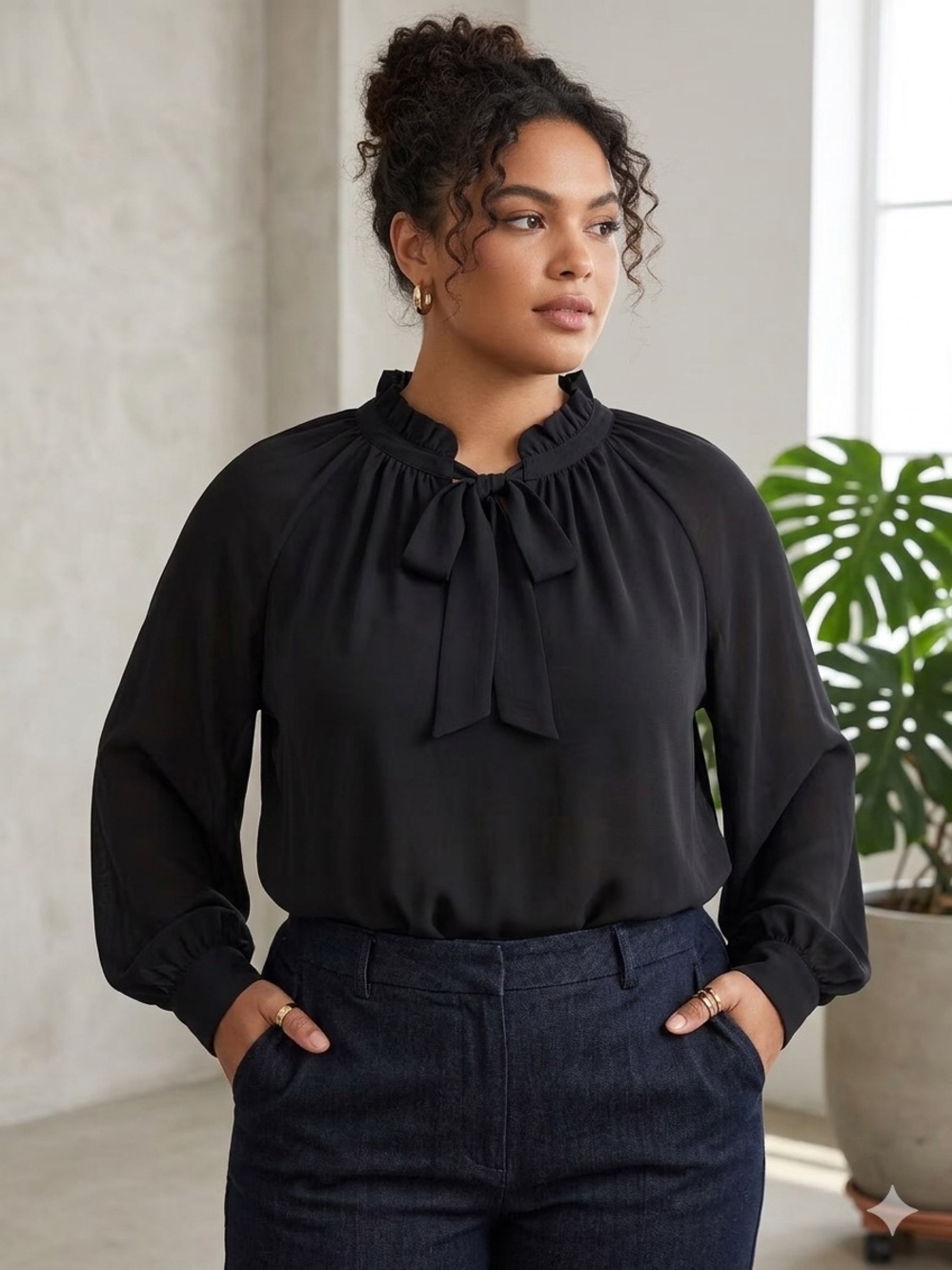 The Limited Black Ruffle-Neck Tie Blouse - Women size PXL